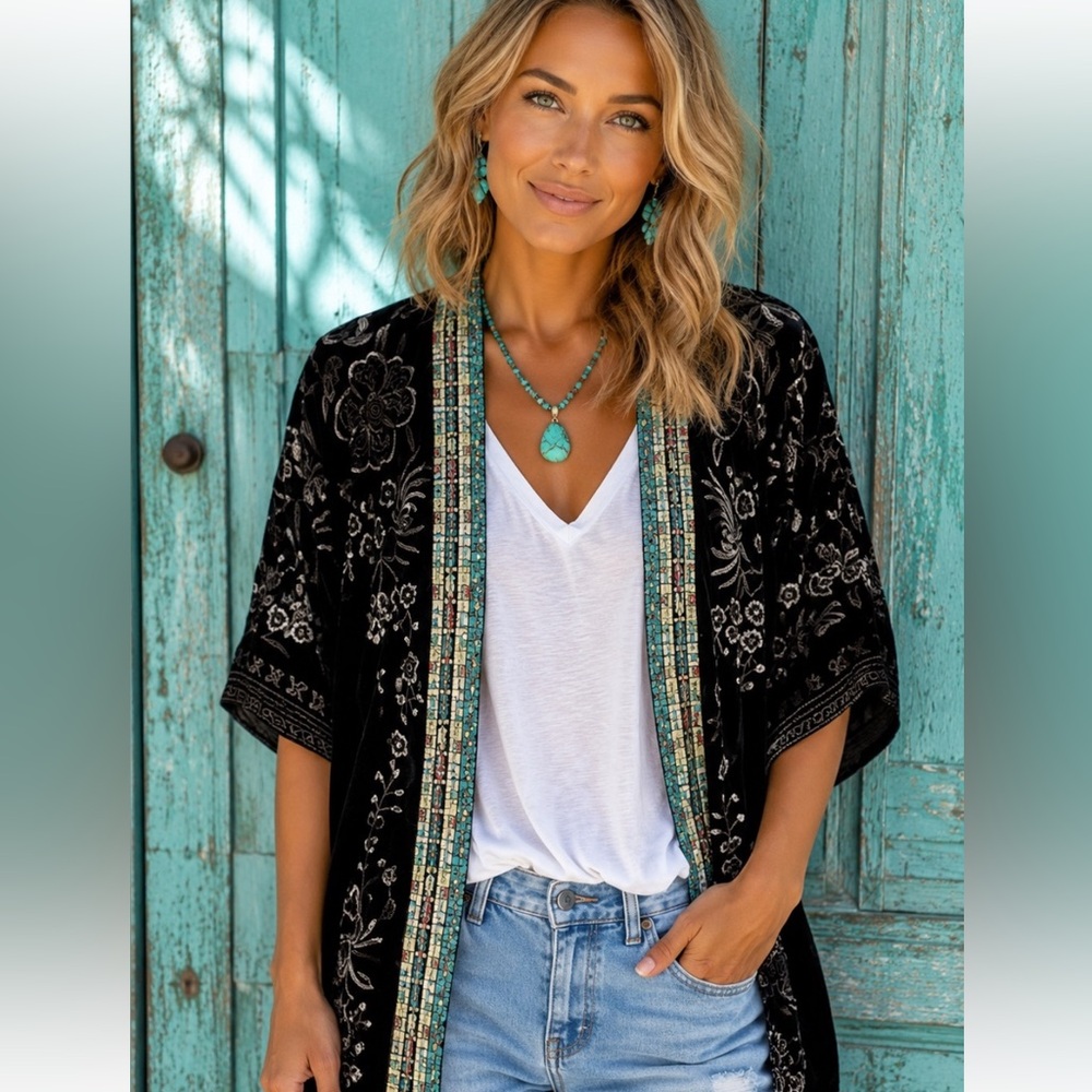 Johnny Was Velvet Okinawa Embroidered Kimono Wide Sleeve Black Size S